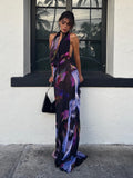 Zjkrl Backless Maxi Dress Women Sexy Purple Print Halter Bodycon Dress Summer Beach Outfits Elegant Sleeveless Club Party Dress 2023