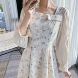 Long Sleeve Embroidery Floral Dress Women Autumn New French Elegant Dress Female Casual Square Collar High Waist Sexy Dresses