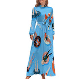 Zjkrl - Hawaii Beach Dress Palm Tree Pirnt Sexy Fashion Maxi Dress High Waist Long Sleeve Street Wear Boho Beach Long Dresses