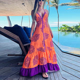 Zjkrl - Fashion Floral Printing V-neck Sling Bohemian Dress Casual Womens Loose Beach Dress Summer Sexy Halter Backless Long Party Dress