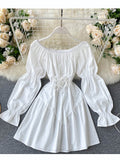 Zjkrl Early Autumn Dress Retro Gothic Women White Black Bandage Mini Dress Sexy Off Shoulder Puff Sleeve Korean Vestidos