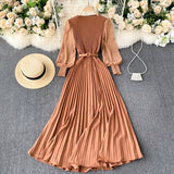 Women&#39;s Elegant Long Dress Spring and Summer Bubble Long Sleeve Pleated Belt Long Skirt 2023 Ladies French Temperament New Dress