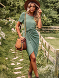 Zjkrl M O Neck Short Sleeve Solid Color Knitted Dress 2023 New Women Spring Summer Casual High Elastic Light Dresses