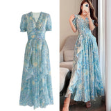 Vintage Painting Artistic Van Gogh Print Ruffles Chiffon Long Party Dresses Women Elegant High Waist A Line Casual Robes