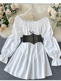 Zjkrl Early Autumn Dress Retro Gothic Women White Black Bandage Mini Dress Sexy Off Shoulder Puff Sleeve Korean Vestidos