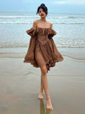 Zjkrl Elegant Chiffon Corset Dress Brown Flare Long Sleeve Mini Dresses Vacation Short Party Dress Ruffles Slash Neck Outfit