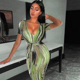 Zjkrl Sexy Bandage Dress Waist Illusion Dress 2023 Women V-neck Maxi Dresses Ladies Tie-dye Wave Print Party Dresses Tight Dresses