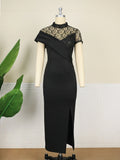 Women Dresses Lace Patchwork Elegant Party Sheer Sleeves Slim See Through Classy Retro Summer Large Size Lady Homecoming Gowns