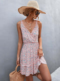 Zjkrl Summer Boho Floral Dress Women V Neck Ruffle Short Dress Party Print Flower Spaghetti Strap Dresses For Women 2023