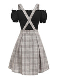 Zjkrl Off The Shoulder Tee and Crisscross Plaid Suspender Skirt Set Two Piece Dress Top and Skirt Set