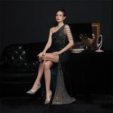 Zjkrl - Elegant One Shoulder Slit Gold Sequin Evening Dress 2023 Women Beads Party Maxi Dress