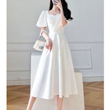 Zjkrl - Elegant Chic Beads Square Collar White Party Dresses for Women Summer Ruffled Puff Short Sleeve Slim Fit Fairy Midi Dress Female