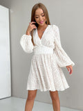 Zjkrl White Lace Women Party Dress Lantern Sleeve Sexy V-Neck Patchwork Dress A-Line Spring Summer Black Dresses Ladies