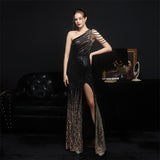 Zjkrl - Elegant One Shoulder Slit Gold Sequin Evening Dress 2023 Women Beads Party Maxi Dress