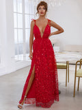 Plunging Neck Tie Shoulder Backless Split Thigh Embroidery Mesh Prom Dress