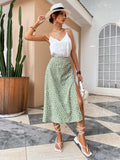 Zjkrl - Green Boho Split Thigh Allover Print Women Skirts Elegant Dresses  Slit Long Length High Waist With Zipper Slight Stretch