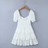 New Women Sweet Bow White Lace Dress Vintage Puff Sleeve Ladies Holiday Party Mini Cake Dress Skater Robe