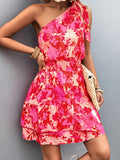 Zjkrl - A-Line Sleeveless Elasticity Flower Print Split-Joint Tied Tiered One-Shoulder Mini Dresses