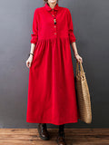 Zjkrl - Vintage Split-Joint Solid Color Long Sleeves Lapel A-Line Corduroy Midi Dress