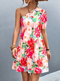 Zjkrl - A-Line Bishop Sleeve Flower Print Split-Joint One-Shoulder Mini Dresses