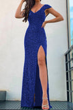 Zjkrl - Blue Sexy Formal Patchwork Sequins Backless Slit V Neck Evening Dress Dresses