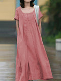 Zjkrl - Simple Solid Color U-Neck Pleated Short Sleeves Maxi Dress