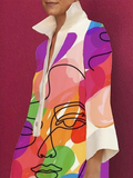 Zjkrl - Loose Three-Quarter Sleeves Buttoned Contrast Color Figure Printed Lapel Collar Mini Dresses