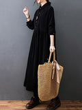 Zjkrl - Vintage Split-Joint Solid Color Long Sleeves Lapel A-Line Corduroy Midi Dress