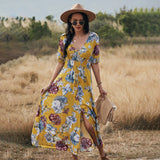 Zjkrl - Summer Sexy Floral Print Dress Women Casual High Waist V-Neck Dress Women Split A-Line Dress Vestidos Femme Dress Outwear