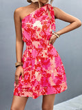 Zjkrl - A-Line Sleeveless Elasticity Flower Print Split-Joint Tied Tiered One-Shoulder Mini Dresses