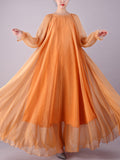 Zjkrl - Long Sleeves Loose Falbala Gauze Pleated Solid Color Tied Waist Round-Neck Maxi Dresses