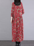 Zjkrl - Casual Long Sleeves Loose Floral Printed Round-Neck Midi Dresses