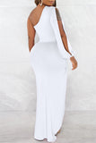 Zjkrl - White Sexy Formal Solid Backless Slit Oblique Collar Long Sleeve Dresses