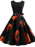 Women‘s Halloween Dress Swing Dress Knee Length Dress White Orange Red Light Blue Sleeveless Skull Pumpkin Print Patchwork Print Spring Summer Crew Neck Vintage 1950s Party Slim 2023 S M L XL XXL