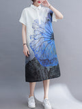 Zjkrl - Artistic Retro Floral Printed Buttoned Lapel Collar Short Sleeves Midi Shirt Dress