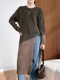 Zjkrl - Loose Split-Side Solid Color Round-Neck Knitting Sweater Dresses