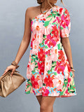 Zjkrl - A-Line Bishop Sleeve Flower Print Split-Joint One-Shoulder Mini Dresses