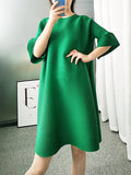 Zjkrl - Stylish Selection Flared Sleeves A-Line Pleated Solid Color Round-Neck Midi Dresses