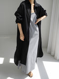 Zjkrl - Simple Long Sleeves Split-Side Solid Color Lapel Midi Dresses Shirt Dress