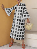 Zjkrl - Original Flared Sleeves Split-Joint Multi-Colored Plaid Midi Dress