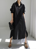 Zjkrl - Simple Long Sleeves Split-Side Solid Color Lapel Midi Dresses Shirt Dress