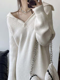 Zjkrl - Simple Long Sleeves Loose Buttoned Solid Color High-Neck Sweater Dresses