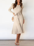 Zjkrl - High Waisted Long Sleeves Solid Color Tied Waist Round-Neck Midi Dresses Sweater Dresses