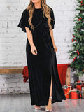 Zjkrl - Fashion Velvet Round Neck High Slit Maxi Dresses