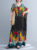 Zjkrl - Ethnic Printed Vintage Super Loose Batwing Sleeve Dress