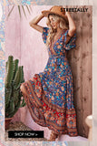 Zjkrl - High End Bohemian Mid Rise Thai Style Print Dress Women's Maxi Dresses