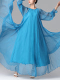 Zjkrl - Long Sleeves Loose Falbala Gauze Pleated Solid Color Tied Waist Round-Neck Maxi Dresses