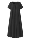 Zjkrl - Simple Solid Color U-Neck Pleated Short Sleeves Maxi Dress