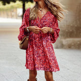 Zjkrl - Boho Tribal Printed V Neck Long Sleeve Mini Dress