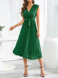 Zjkrl - Sleeveless Pleated Solid Color Tied Waist V-Neck Midi Dresses